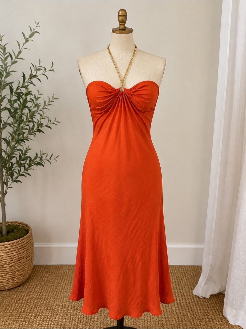Lauren Ralph Lauren chain halter Ruby-Orange 100% silk Midi Dress
